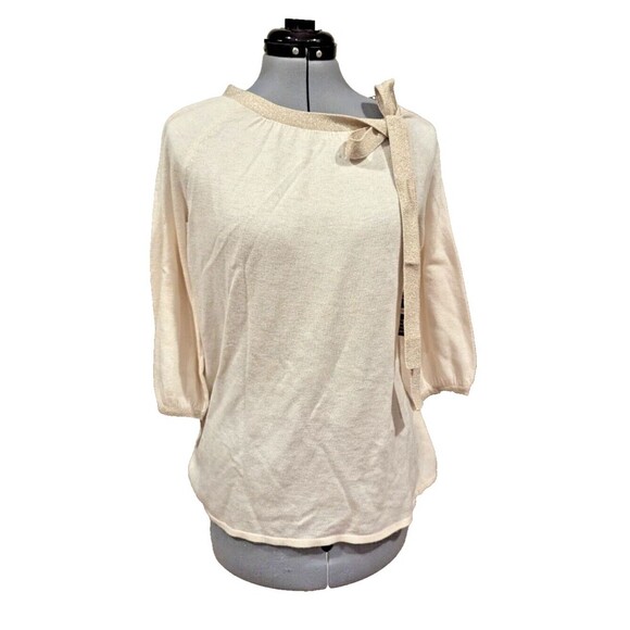 Cable And‎ Gauge Cashmere Blend Bow Neck Sweater Ivory Gold Bow  SZ L Coquette - Picture 1 of 6